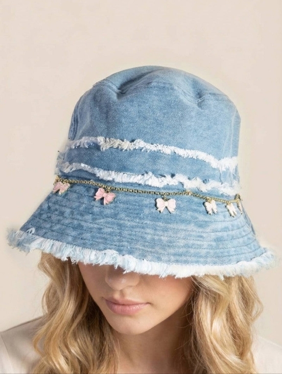 Accessories - Frayed Denim Trim Ribbon Bow Charms Bucket Hat